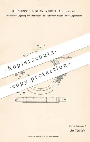 original Patent - John Unwin Askham , Sheffield , England , 1892 , Lagerung am Mahlring bei Walzen , Mühlen | Mühle !!