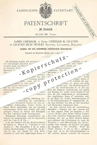 original Patent - James Gresham , Gresham & Craven , Craven Iron Works , Salford , Lancashire , England 1885 | Injektor