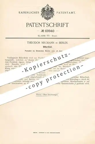 original Patent - Theodor Neumann , Berlin , 1892 , Billardball , Billardkugel | Billard - Kugel | Pool , Sport , Ball