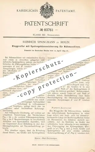 original Patent - Heinrich Springmann , Berlin , 1895 , Ringgreifer mit Spulengehäusesicherung für Nähmaschine | Nähen !