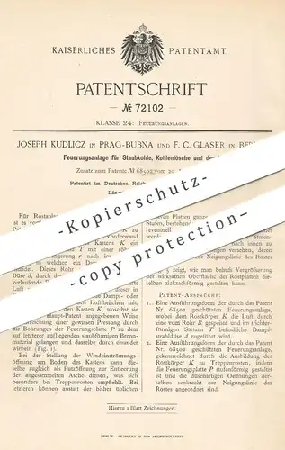 original Patent - Joseph Kudlicz , Prag / Bubna | F. C. Glaser , Berlin | 1892 | Feuerung für Staubkohle , Kohle !!