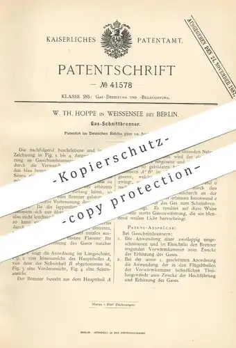 original Patent - W. Th. Hoppe , Weissensee / Berlin , 1887 , Gas - Schnittbrenner | Brenner , Gasbrenner , Licht !!!