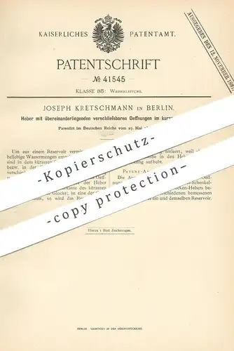 original Patent - Joseph Kretschmann , Berlin , 1887 , Glockenheber , Heber | Toilette - Spülung , Kloset , WC , Wasser
