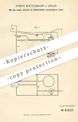 original Patent - Joseph Kretschmann , Berlin , 1887 , Heber , Glockenheber | WC - Spülung | Toilette , Kloset | Wasser