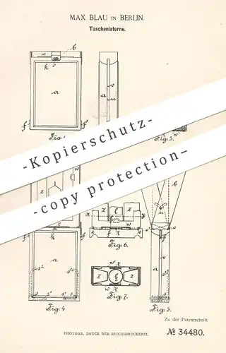 original Patent - Max Blau , Berlin , 1885 , Taschenlaterne | Taschen - Laterne | Lampe , Taschenlampe , Licht !!