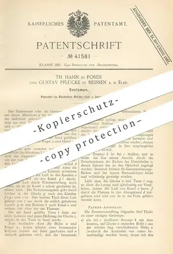 original Patent - Th. Hahn , Posen | Gustav Pflücke , Meissen / Elbe / Dresden | 1887 | Gaslampe | Gas , Lampe | Brenner