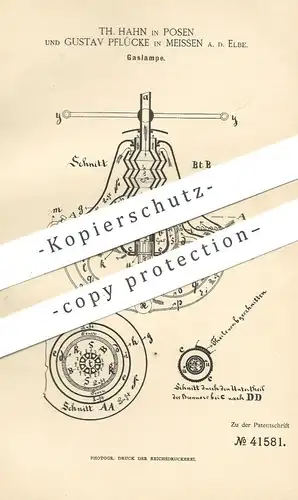 original Patent - Th. Hahn , Posen | Gustav Pflücke , Meissen / Elbe / Dresden | 1887 | Gaslampe | Gas , Lampe | Brenner