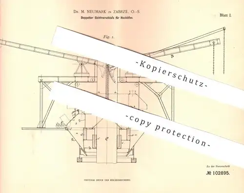 original Patent - Dr. M. Neumark , Zabrze , 1898 , Gichtverschluss für Hochofen | Eisen , Gas , Ofen