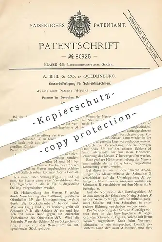 original Patent - A. Behl & Co. , Quedlinburg , 1894 , Messerbefestigung für Schneidmaschine | Messer , Klingen !!