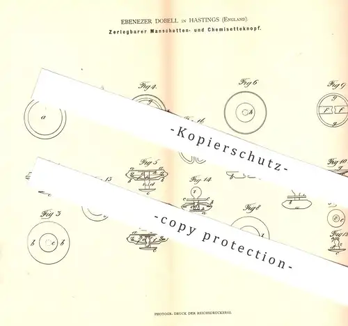 original Patent - Ebenezer Dobell , Hastings , England , 1880 , Manschettenknopf u. Chemisetteknopf | Knopf , Knöpfe !!!