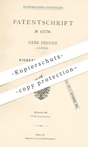 original Patent - Gebrüder Freund , Ratibor , 1880 , Sicherheitsschloss | Schloss , Türschloss | Schlosser , Schlosserei