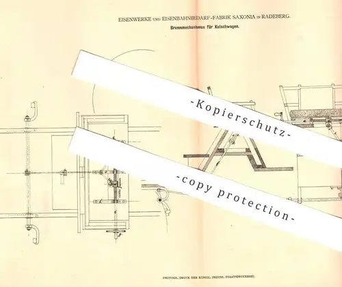 original Patent - Eisenwerke & Eisenbahnbedarf Fabrik Saxonia , Radeberg , 1878 , Bremse für Kutschwagen | Kutsche !!!