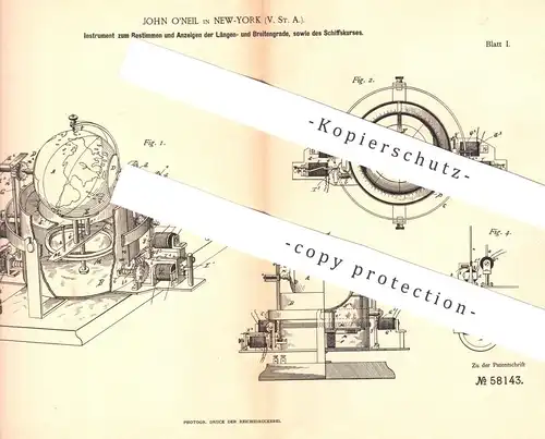 original Patent - John O'Neil , New York , USA , 1890 , Längen- , Breitengrad u. Kurs vom Schiff bestimmen | Schiffe !!!