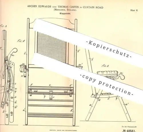 original Patent - Archer Edwards , Thomas Griffin , Curtain Road , Middlesex , England , 1888 , Klappstuhl | Stuhl !!!