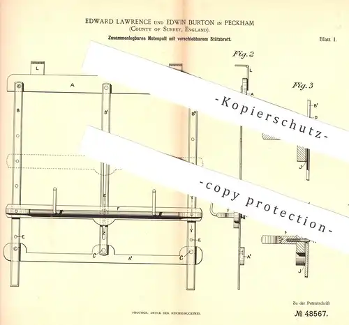original Patent - Edward Lawrenceton , Peckham , Surrey , England , 1889 , Notenpult | Noten - Pult | Musikinstrument !