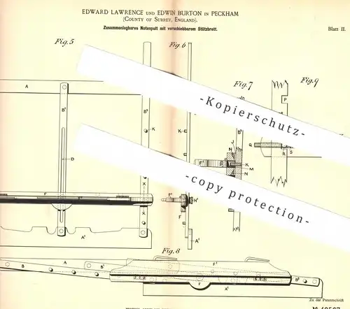 original Patent - Edward Lawrenceton , Peckham , Surrey , England , 1889 , Notenpult | Noten - Pult | Musikinstrument !