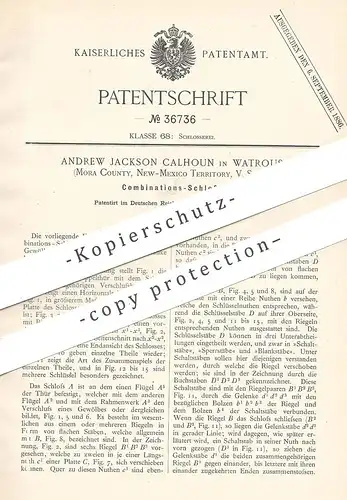 original Patent - Andrew Jackson Calhoun , Watrous , Mora County , New Mexico , USA | Schloss für Geldschrank , Tresor