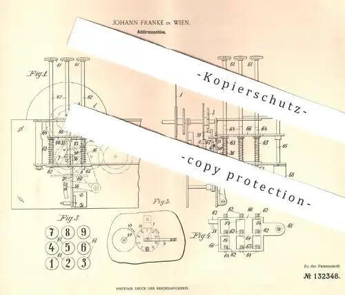 original Patent - Johann Franke , Wien , Österreich , 1901 , Addiermaschine | Rechenmaschine | Rechnen | Mathematik !!!