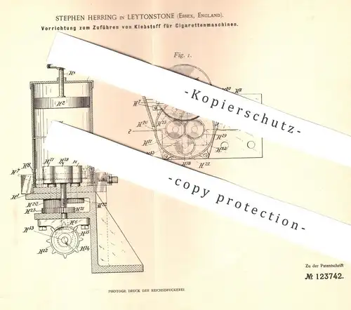 original Patent - Stephen Herring , Leytonstone , Essex , England 1900 , Zuführen von Klebstoff an Zigaretten - Maschine