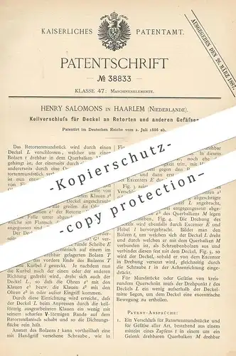 original Patent - Henry Salomons , Haarlem , Niederlande , 1886 , Keilverschluss für Deckel an Retorten | Verschluss !