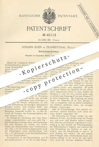 original Patent - Johann Klein , Frankenthal , 1888 , Stoßdampfpumpe | Dampfpumpe | Pumpe , Pumpen | Kolben , Motor
