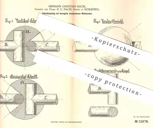 original Patent - Hermann Christian Nagel , Schleswig | 1885 | Gelenkkupplung | Kupplung , Maschinen , Eisenbahn !!!