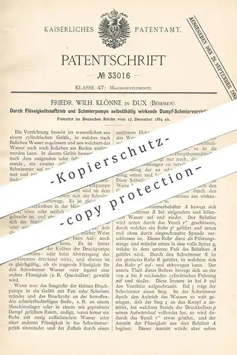 original Patent - Friedr. Wilh. Klönne , Dux , Böhmen , 1884 , Dampf - Schmiervorrichtung | Schmierpumpe | Öl , Fett