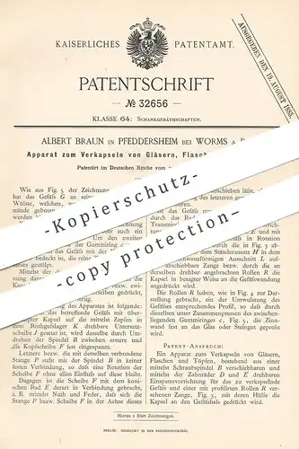 original Patent - Albert Braun , Pfeddersheim / Worms / Rhein , 1885 , Verkapseln der Gläser , Flaschen , Töpfe | Korken
