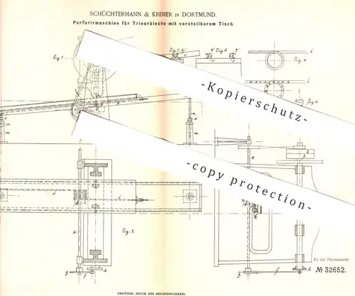 original Patent - Schüchtermann & Kremer , Dortmund , 1884 , Perforiermaschine für Trieurbleche | Blech , Metall