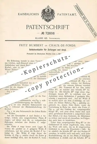 original Patent - Fritz Humbert , Chaux de Fonds , Schweiz 1893 , Selbstverkäufer f. Zeitungen | Automat mit Münzeinwurf