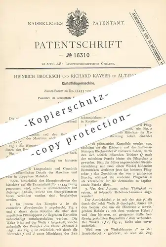 original Patent - Heinrich Broksch , Richard Kayser , Alt Damm / Polen , 1881 , Kartoffellegemaschine | Kartoffeln !!!