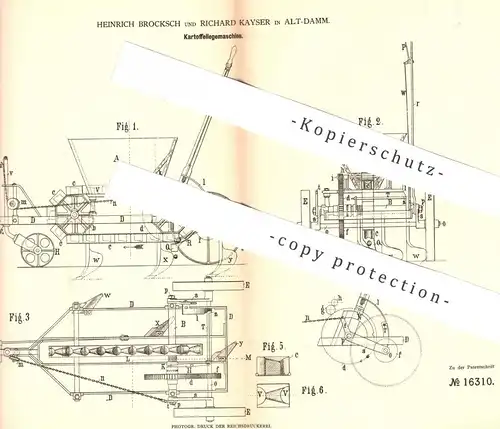 original Patent - Heinrich Broksch , Richard Kayser , Alt Damm / Polen , 1881 , Kartoffellegemaschine | Kartoffeln !!!