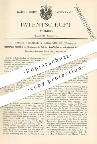 original Patent - Heinrich Herberz , Langendreer , Westfalen , 1881 , Koksofen | Koks , Kohle , Brennstoff , Koksfabrik