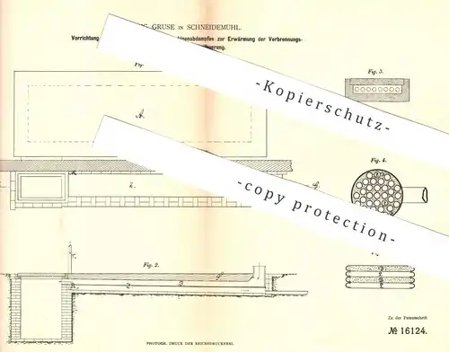 original Patent - Aug. Gruse , Schneidemühl , 1881 , Verbrennungsluft in Dampfkessel - Feuerung | Dampfmaschine , Kessel