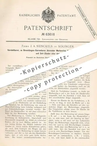 original Patent - J. A. Henckels , Solingen , 1892 , Markenring für Schrappnell - Zünder | Zeitzünder | Waffen , Gewehr