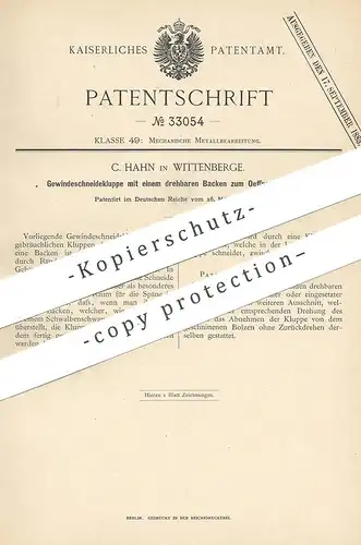original Patent - C. Hahn , Wittenberge , 1885 , Gewindeschneidekluppe | Kluppe , Messer , Klinge | Metall , Werkzeug