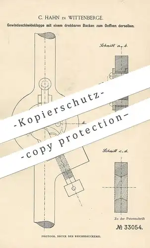 original Patent - C. Hahn , Wittenberge , 1885 , Gewindeschneidekluppe | Kluppe , Messer , Klinge | Metall , Werkzeug