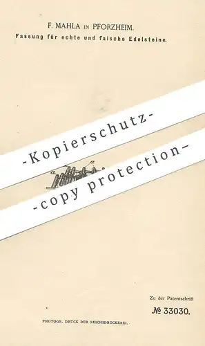 original Patent - F. Mahla , Pforzheim 1885 , Fassung für Edelsteine | Schmuck , Goldschmied | Edelstein | Gold , Silber