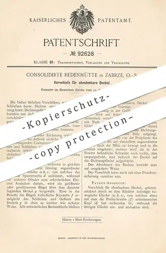 original Patent - Consolidierte Redenhütte , Zabrze , 1896 , Verschluss für abnehmbare Deckel | Fass , Behälter , Glas