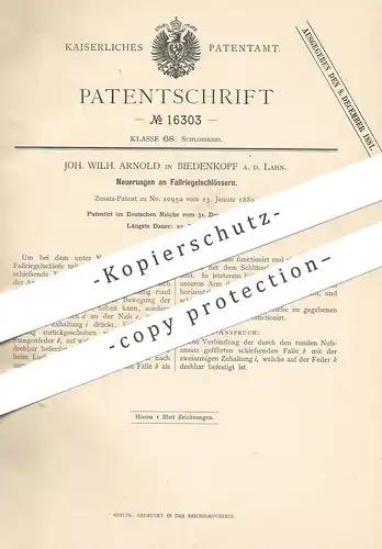 original Patent - Joh. Wilh. Arnold , Biedenkopf / Lahn 1880 | Fallriegelschloss | Türschloss | Tür  Schloss | Schlosser