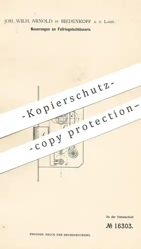 original Patent - Joh. Wilh. Arnold , Biedenkopf / Lahn 1880 | Fallriegelschloss | Türschloss | Tür  Schloss | Schlosser
