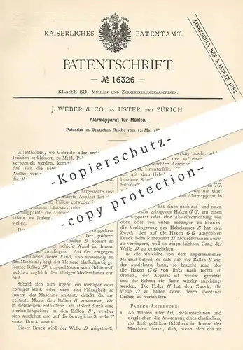 original Patent - J. Weber & Co. , Uster / Zürich / Schweiz , 1881 , Alarmapparat für Mühlen | Mühle , Mehl , Getreide