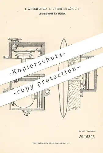 original Patent - J. Weber & Co. , Uster / Zürich / Schweiz , 1881 , Alarmapparat für Mühlen | Mühle , Mehl , Getreide