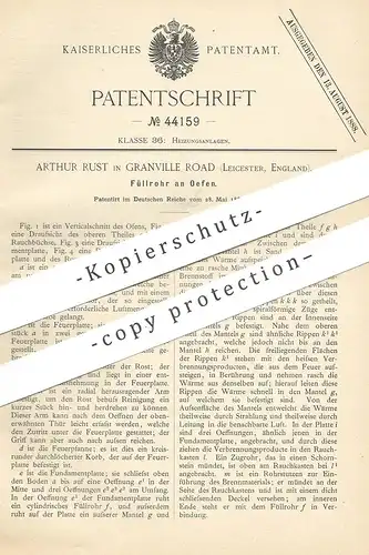 original Patent - Arthur Rust , Granville Road , Leicester , England , 1887 , Füllrohr an Ofen | Ofenbauer , Ofenrohr !