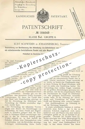 original Patent - Kurt Schweder , Johannesburg , Südafrika , 1906 , Bestimmung der Abweichung von Bohrloch | Bohren !!!