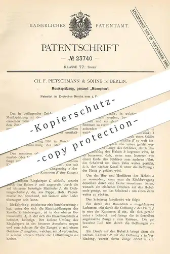 original Patent - Ch. F. Pietschmann & Söhne , Berlin , 1882 , Monophon | Musik - Spielzeug | Spieluhr , Musikwerk !!!