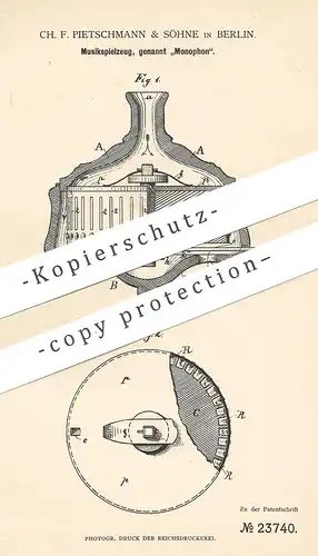 original Patent - Ch. F. Pietschmann & Söhne , Berlin , 1882 , Monophon | Musik - Spielzeug | Spieluhr , Musikwerk !!!