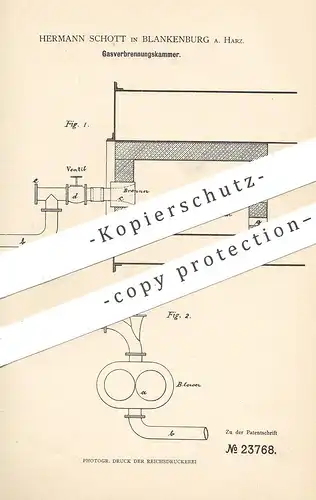 original Patent - Hermann Schott , Blankenburg / Harz , 1883 , Gasverbrennungskammer | Gas - Verbrennungskammer | Ofen !