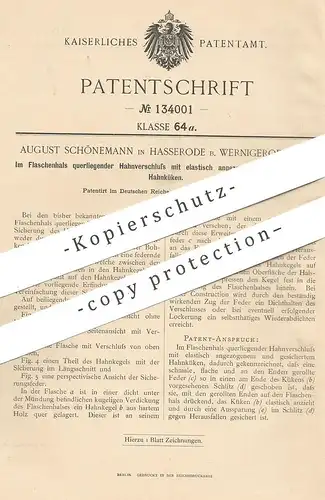 original Patent - August Schönemann , Hasserode / Wernigerode / Harz , 1901 , Im Flaschenhals liegender Hahnverschluss