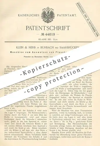 original Patent - Klein & Herb , Burbach / Saarbrücken 1887 , Auswalzen v. Flaschenmündungen | Flasche , Flaschen , Glas